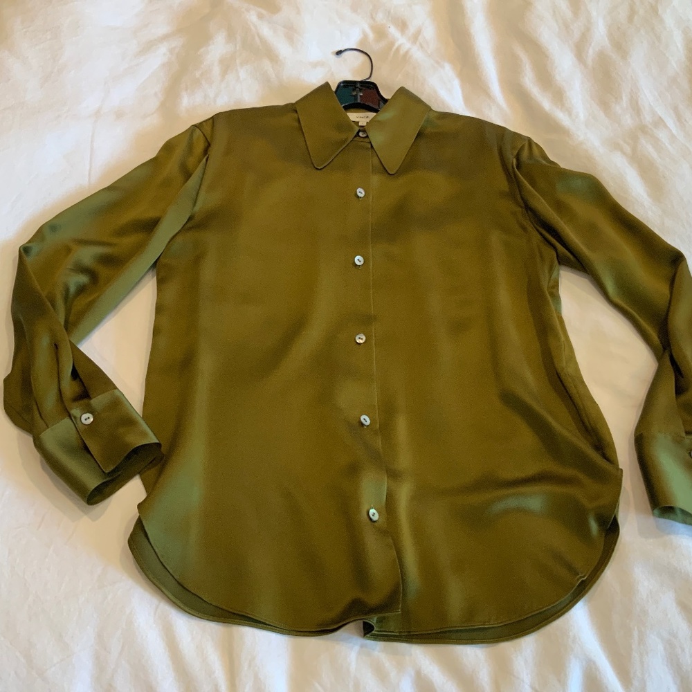 VINCE EUC 100% Silk Blouse, dark olive green - lovely!💚